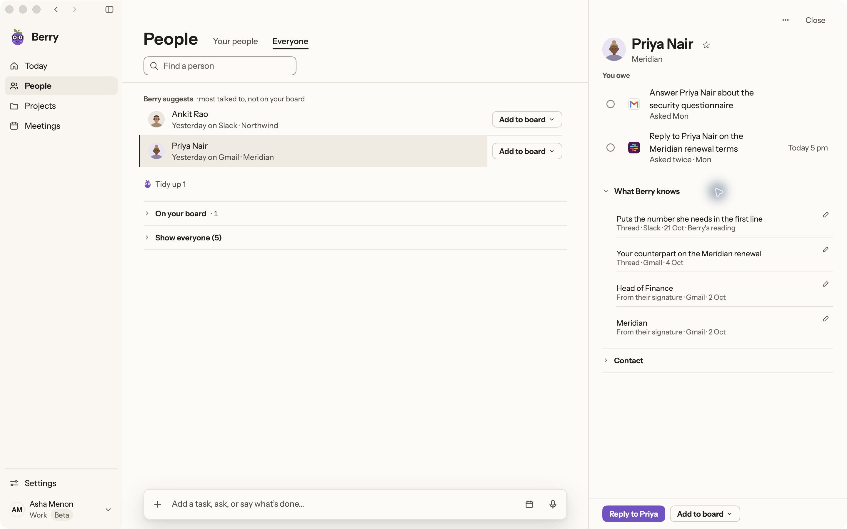 Berry Mac app showing people and their outstanding commitments