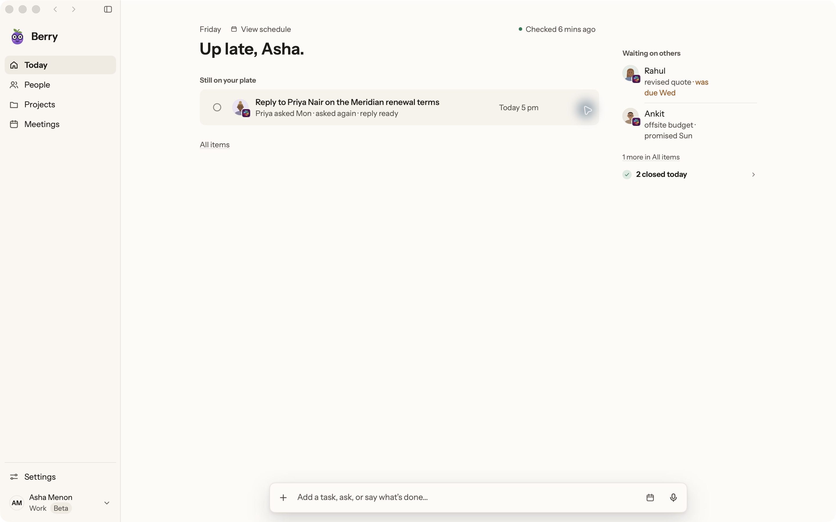 Berry Mac app showing commitments that need attention
